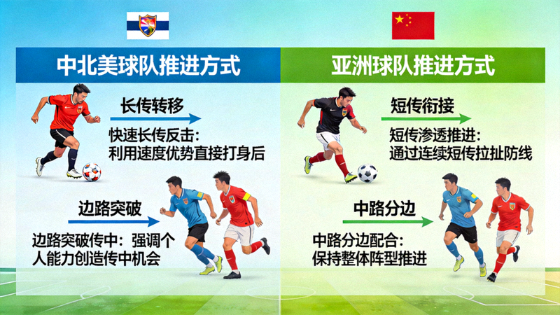 攻防转换战术对比图，展示中北美与亚洲球队在由守转攻时的不同推进方式