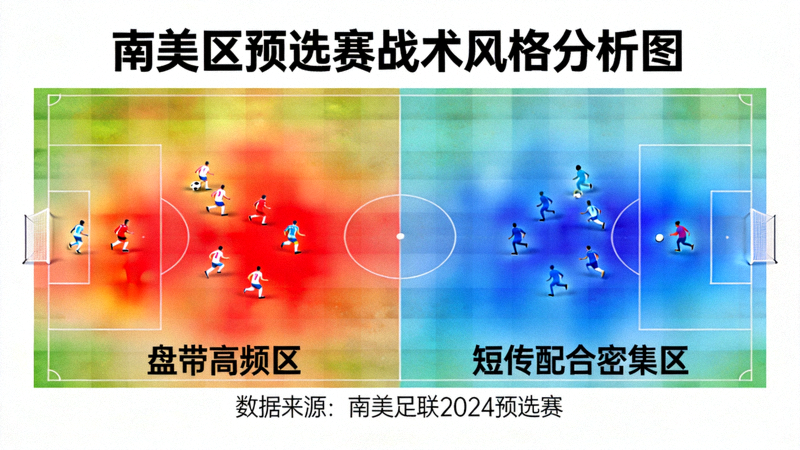 南美区预选赛战术风格分析图，展示球员盘带与短传配合热区