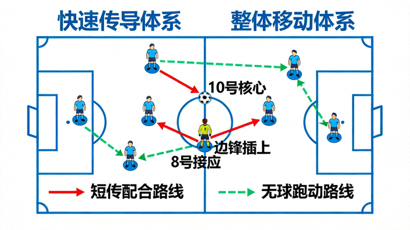 日本队战术板展示快速传导与整体移动体系，球员之间短传配合与无球跑动路线