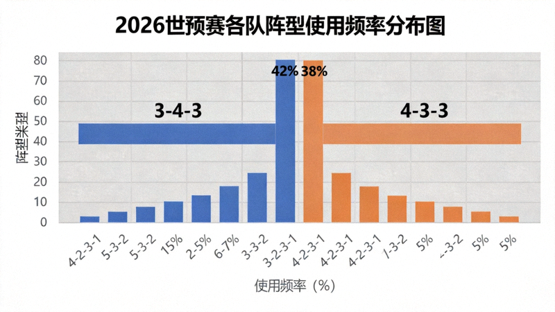 2026世预赛各队阵型使用频率分布图，显示3-4-3与4-3-3成为主流