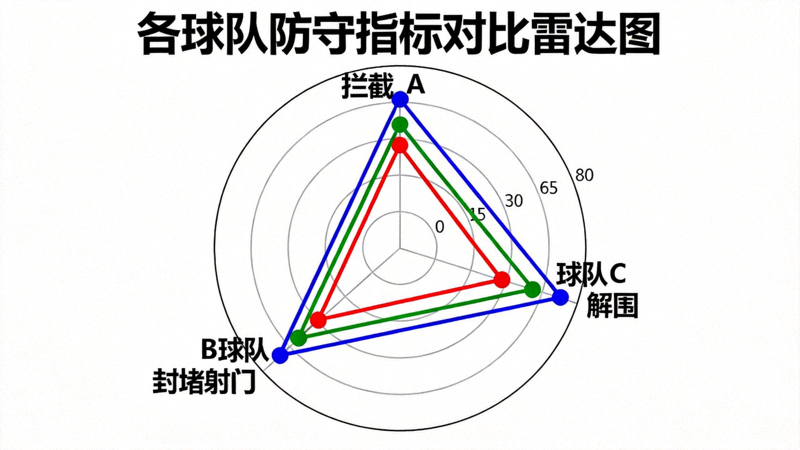 防守指标雷达图，对比各球队拦截、解围、封堵射门等关键防守数据