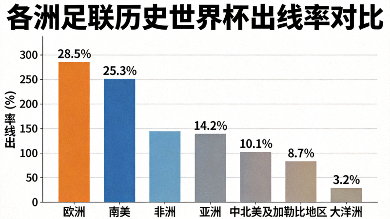 各洲足联历史世界杯出线率对比柱状图，显示南美与欧洲出线率最高
