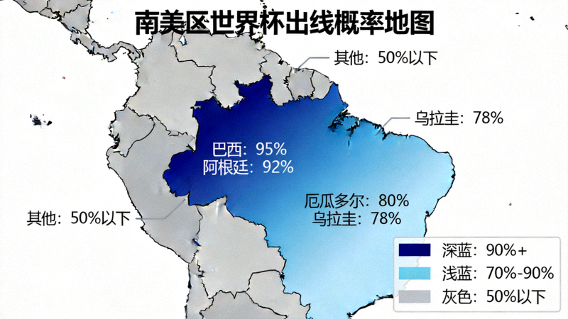 南美区出线概率地图，巴西阿根廷概率最高，厄瓜多尔乌拉圭紧随其后