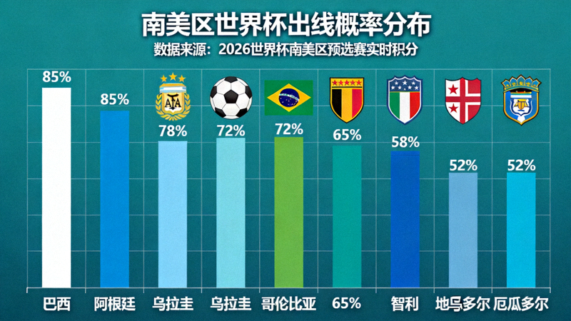 南美区出线概率分布图，显示各队晋级世界杯的百分比概率