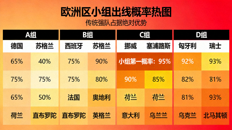 欧洲区小组出线概率热图，传统强队小组第一概率高