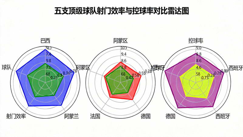 五支顶级球队射门效率与控球率对比雷达图，包括巴西、阿根廷、法国等