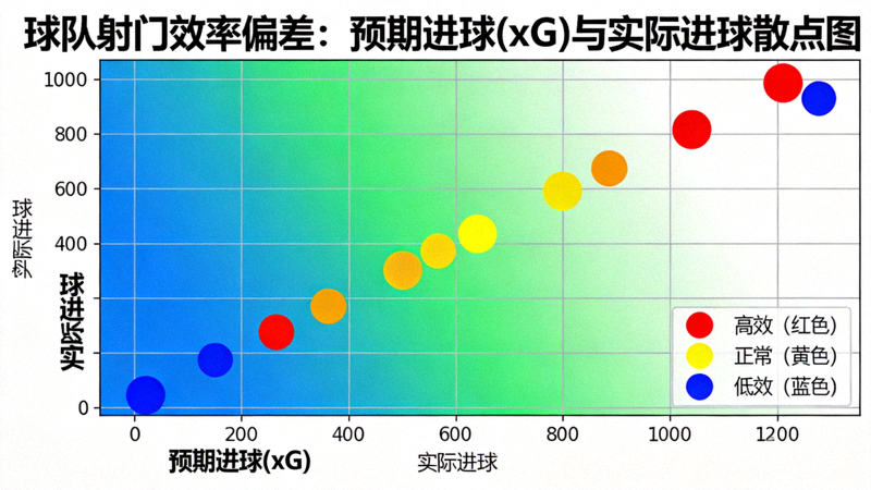预期进球(xG)与实际进球散点图，显示球队射门效率偏差