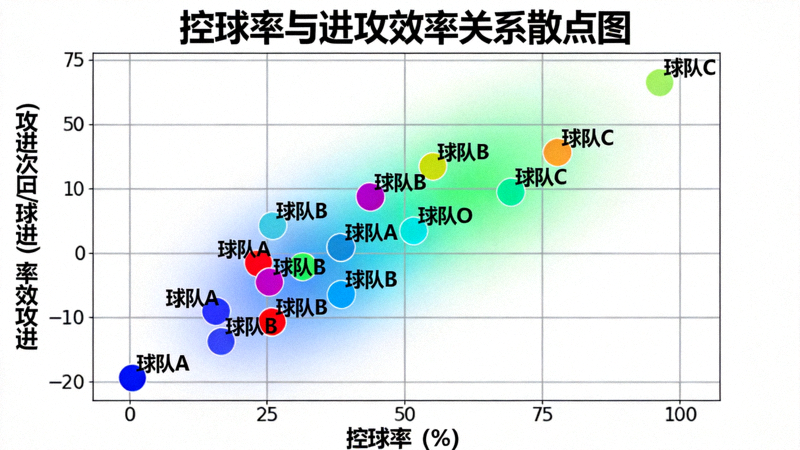 控球率与进攻效率关系散点图，显示不同球队的控球转化模式