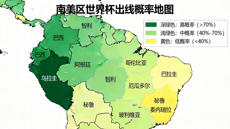 南美区出线概率地图，各国颜色深浅代表晋级可能性