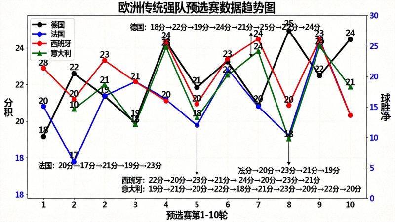 欧洲传统强队预选赛数据趋势折线图，展示状态起伏