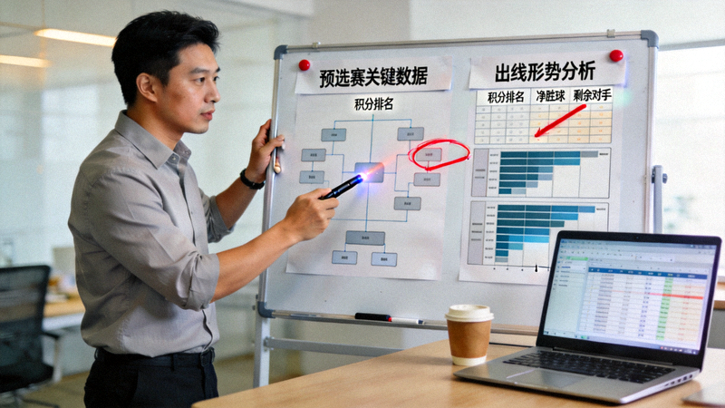 数据分析师在战术板前解读预选赛关键数据与出线形势