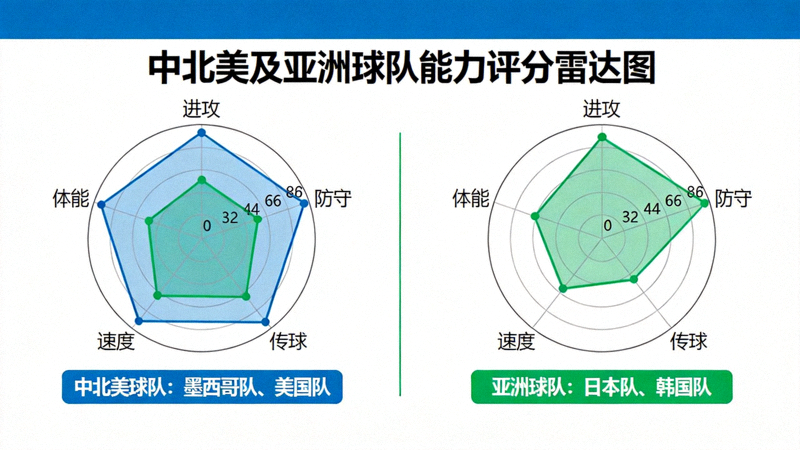 中北美及亚洲球队数据雷达图，展示各项能力评分