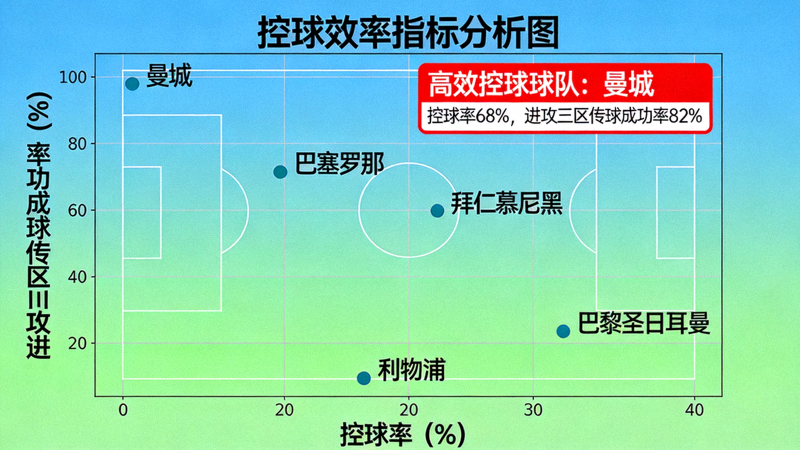控球效率指标分析图，对比各队控球率与进攻三区传球成功率，识别高效控球球队