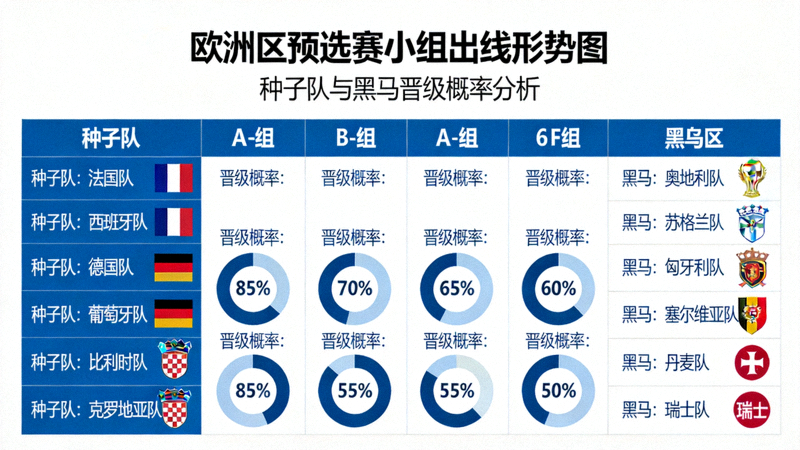 欧洲区预选赛小组出线形势图，各小组种子队与黑马晋级概率标注