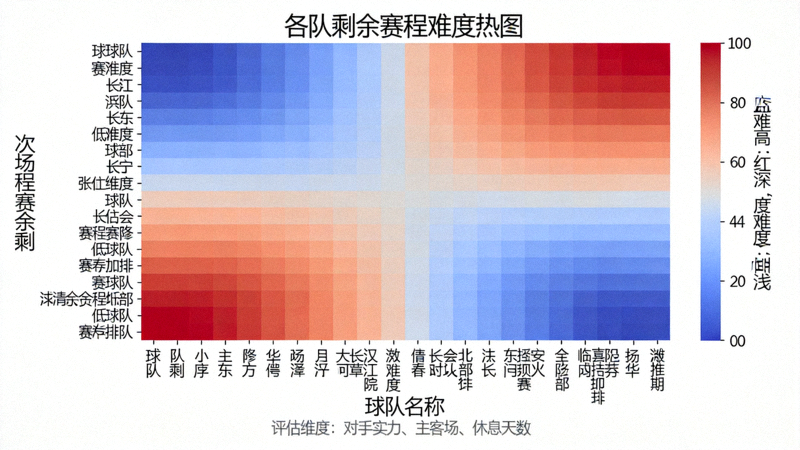 赛程难度模型热图，根据对手实力、主客场、休息天数等评估各队剩余赛程难度