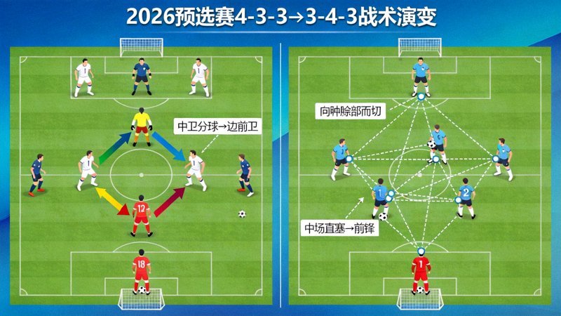 战术阵型演变图，展示2026预选赛中4-3-3向3-4-3切换的跑位路线与传球网络