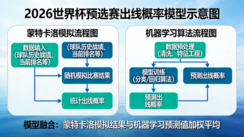 2026世界杯预选赛出线概率模型示意图，包含蒙特卡洛模拟与机器学习算法流程图
