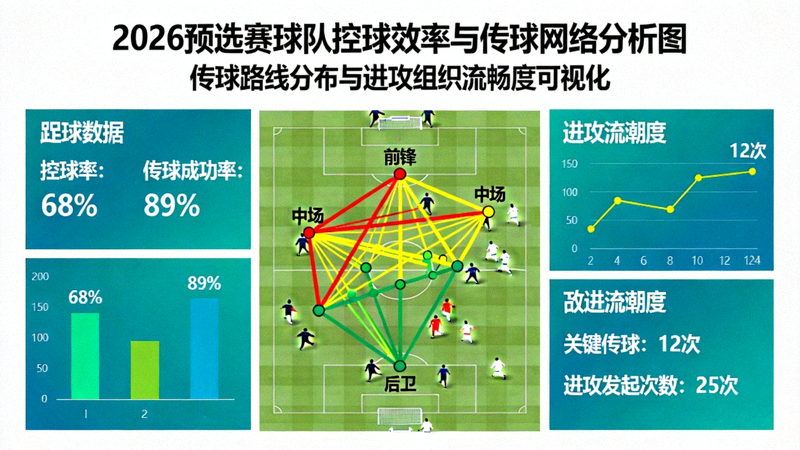 控球效率与传球网络分析图，展示2026预选赛球队的传球路线与进攻组织流畅度