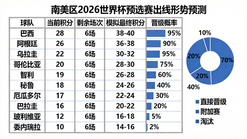 南美区2026世界杯预选赛出线形势预测图，显示各队晋级概率与积分排名模拟