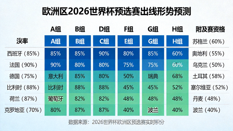 欧洲区2026世界杯预选赛出线形势预测图，展示小组头名与附加赛晋级概率