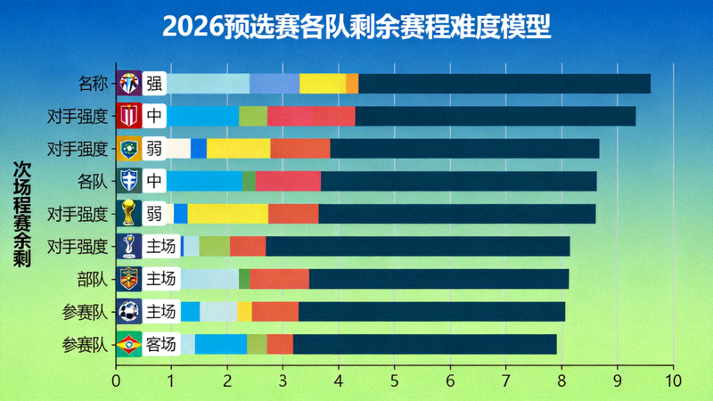 赛程难度模型可视化图，展示2026预选赛各队剩余赛程的对手强度与主客场分布