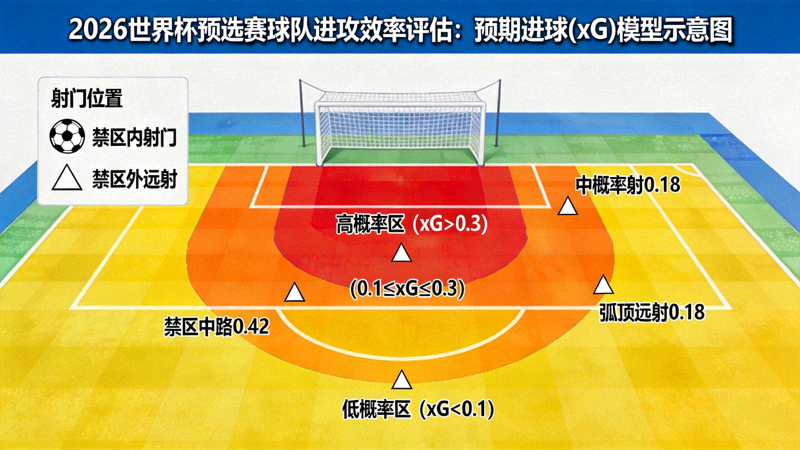 预期进球(xG)模型示意图，展示射门位置与概率热区，用于评估2026预选赛球队进攻效率