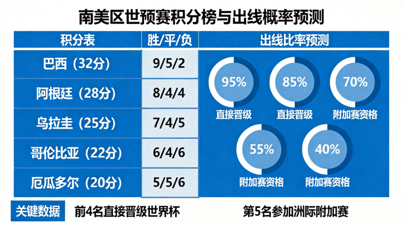 南美区预选赛积分榜与出线概率预测图，显示各队晋级可能性