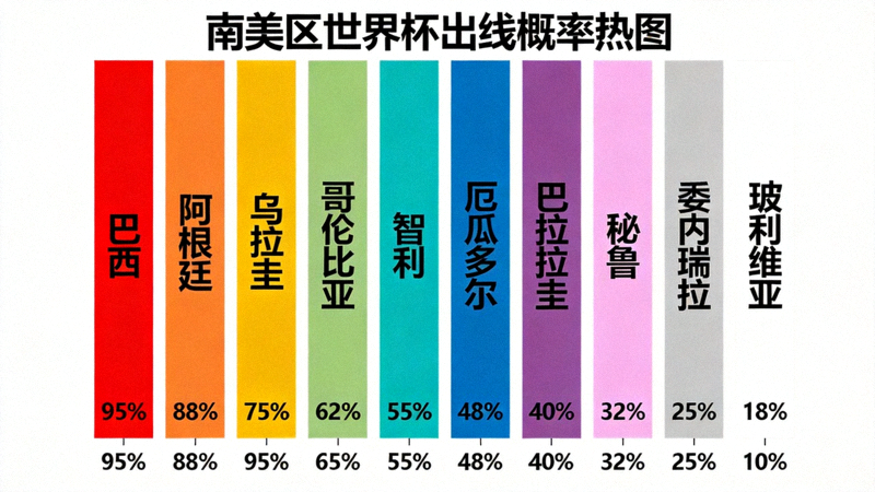 南美区出线概率热图，显示各队晋级可能性分布