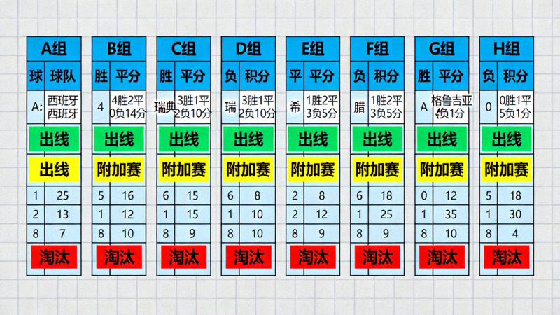 欧洲区小组赛模拟积分分布图，显示各小组出线形势