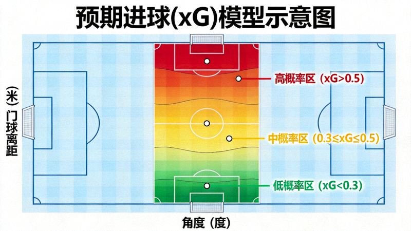 预期进球(xG)模型示意图，展示射门位置与概率热区