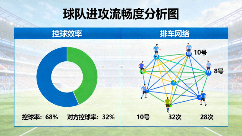 控球效率与传球网络图，展示球队进攻流畅度指标