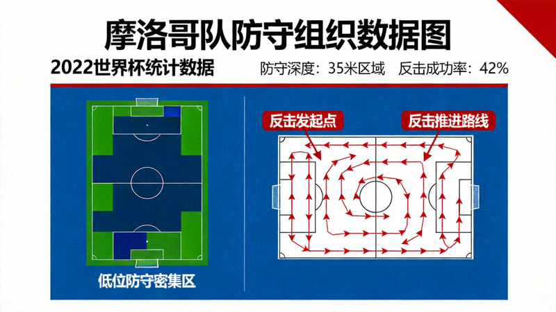 摩洛哥队防守组织数据图，展示低位防守与反击路线