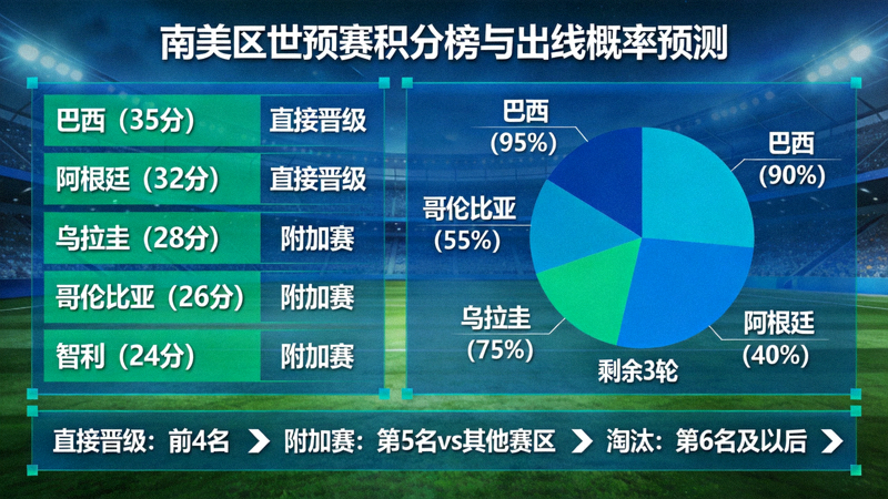 南美区预选赛积分榜与出线概率预测图，显示各队晋级路线