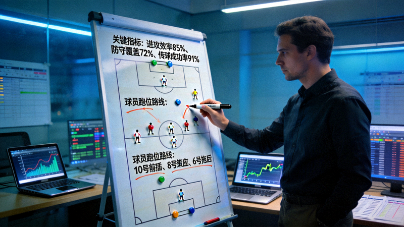 数据分析师在战术板上标注关键指标与球员跑位路线