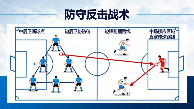 防守反击战术示意图，展示由守转攻瞬间球员跑位与传球路线