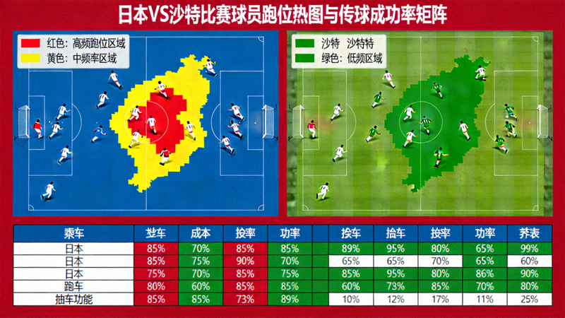 日本对阵沙特比赛中球员跑位热图与传球成功率矩阵