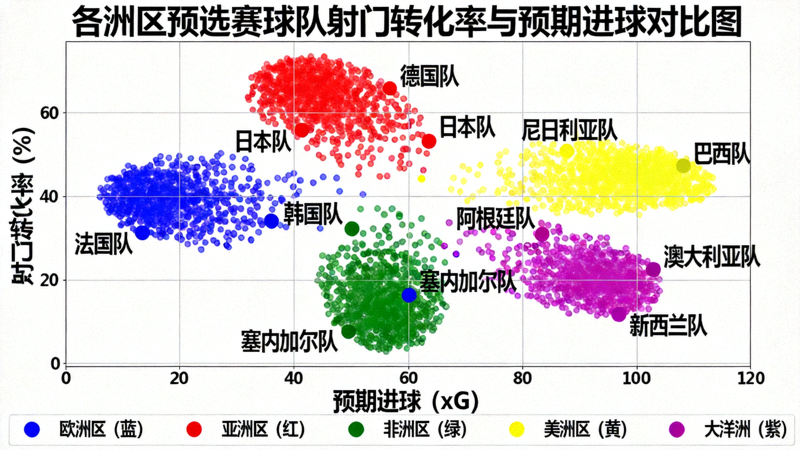 数据可视化图表展示各洲区预选赛球队的射门转化率与预期进球对比